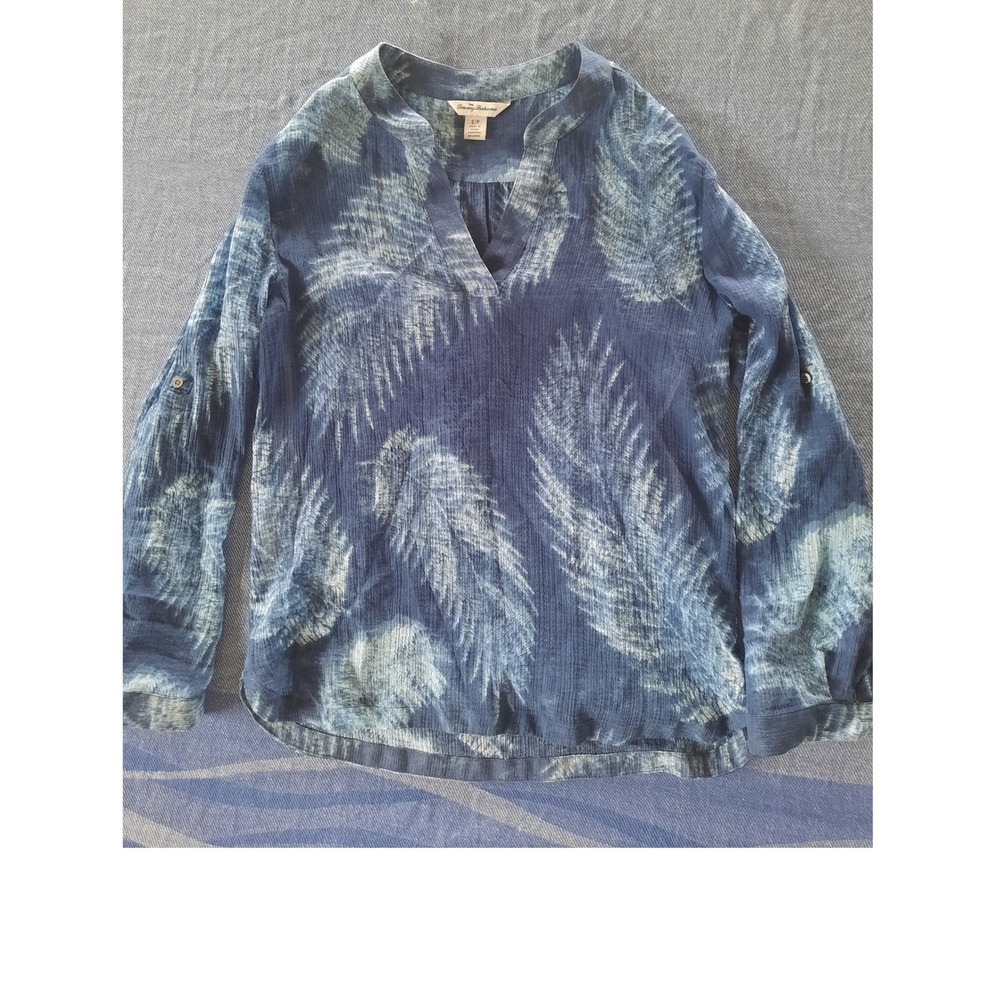 Tommy Bahama Womens Small Blue Palm Frond Print Cotton Gauze Roll Tab Sleeve Top